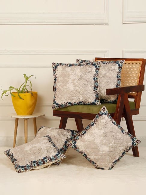HOSTA HOMES Cream Velvet Digital Floral Printed Cushion Covers - Set of 5-image-34