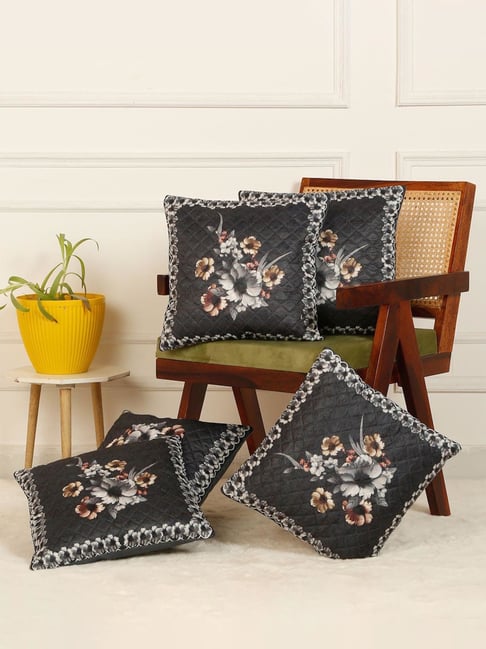 HOSTA HOMES Black Velvet Digital Floral Printed Cushion Covers - Set of 5-image-35