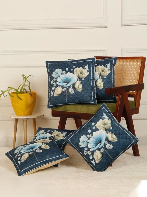 HOSTA HOMES Blue Velvet Digital Floral Printed Cushion Covers - Set of 5-image-13