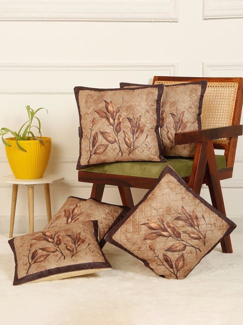 HOSTA HOMES Light Brown Velvet Digital Floral Printed Cushion Covers - Set of 5-image-31