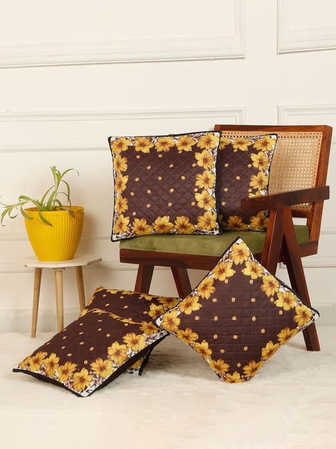 HOSTA HOMES Brown & Yellow Velvet Digital Floral Printed Cushion Covers - Set of 5-image-28