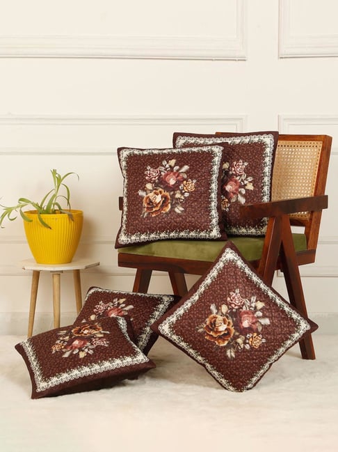 HOSTA HOMES Brown Velvet Digital Floral Printed Cushion Covers - Set of 5-image-32