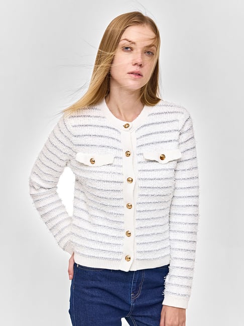 Cover Story White Cotton Striped Cardigan-picture-43