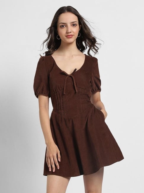 american eagle brown dress AE Scoop Neck Midi neck with tassel detail/Cut American Eagle Brown Cotton Solid