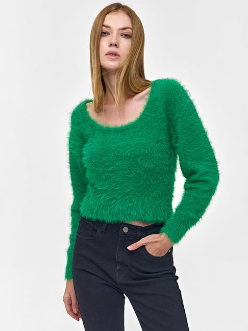 Cover Story Green Polyester Regular Fit Sweater
