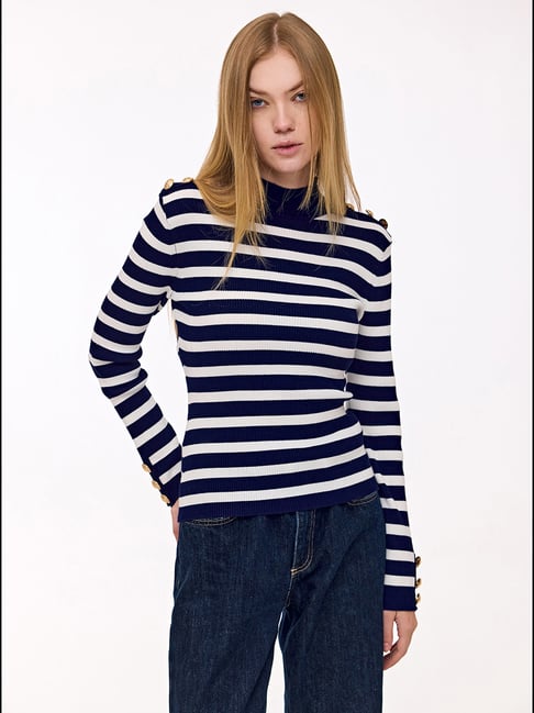 Cover Story Navy Polyester Striped Sweaters-picture-32