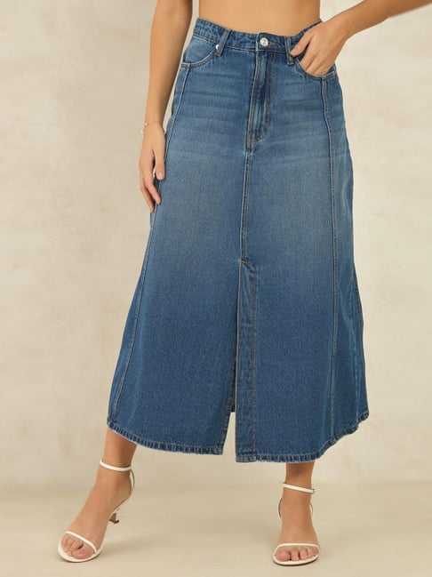 VIRGIO Light Blue Regular Fit Solid Skirt-picture-17