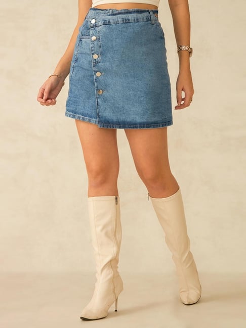 VIRGIO Light Blue Regular Fit Solid Skirt-picture-21