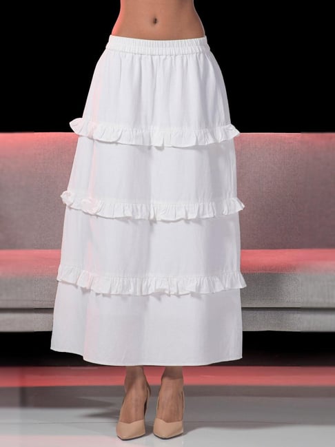 VIRGIO White Regular Fit Solid Skirt-picture-13