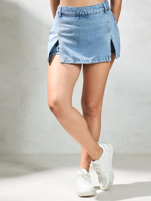 VIRGIO Light Blue Regular Fit Solid Skorts-picture-20