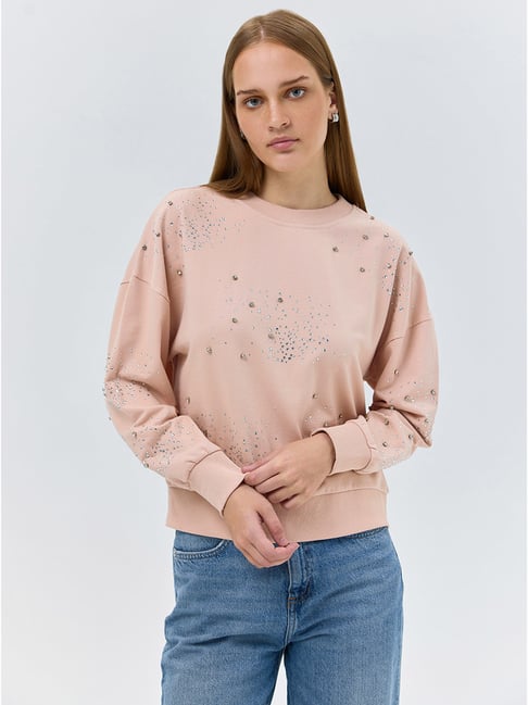 Cover Story Peach Cotton Regular Fit Embellished Sweatshirt