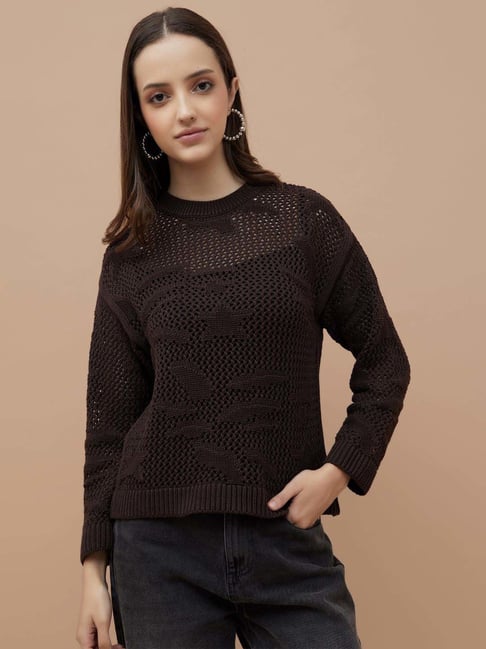 Ginger By Lifestyle Brown Cotton Regular Fit Self Pattern Sweater-picture-28