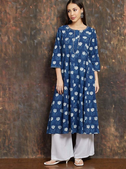 Melange By Lifestyle Indigo Cotton Regular Fit Floral Print Kurta-picture-10
