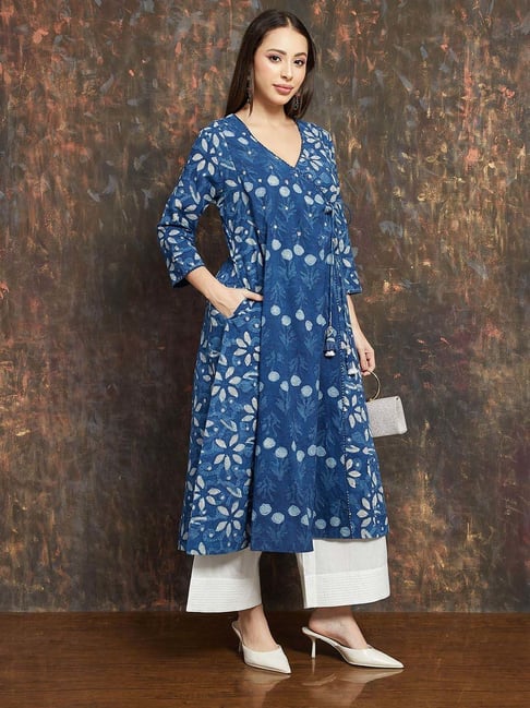 Melange By Lifestyle Indigo Cotton Regular Fit Printed Kurta-picture-33