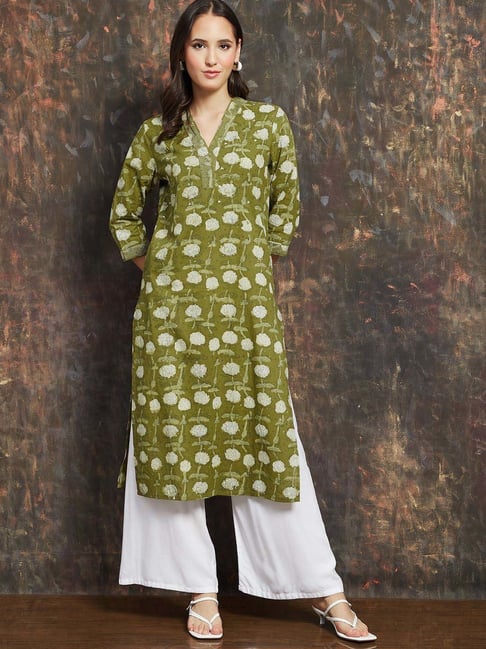 Melange By Lifestyle Green Cotton Regular Fit Floral Print Kurta-picture-28