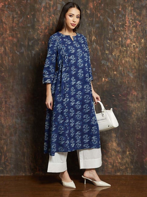 Melange By Lifestyle Indigo Cotton Regular Fit Floral Print Kurta-picture-21