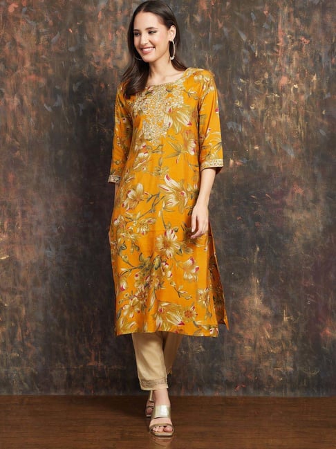 Melange By Lifestyle Yellow Regular Fit Floral Print Kurta-picture-21