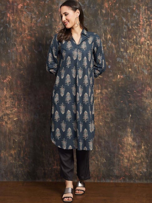 Melange By Lifestyle Indigo Cotton Regular Fit Printed Kurta-picture-21