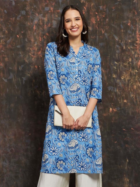 Melange By Lifestyle Indigo Cotton Regular Fit Floral Print Kurta-picture-14