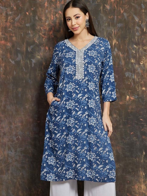 Melange By Lifestyle Indigo Regular Fit Floral Print Kurta-picture-26
