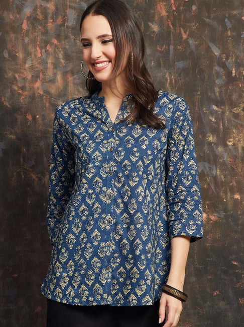 Melange By Lifestyle Indigo Cotton Regular Fit Printed Kurti-picture-19