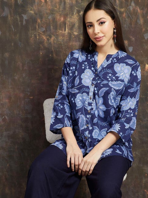 Melange By Lifestyle Indigo Cotton Regular Fit Floral Print Kurti-picture-27