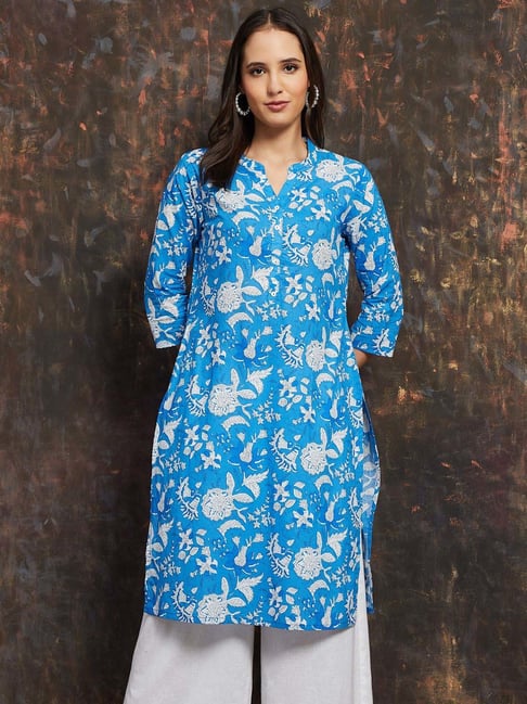 Melange By Lifestyle Indigo Cotton Regular Fit Floral Print Kurta-picture-12