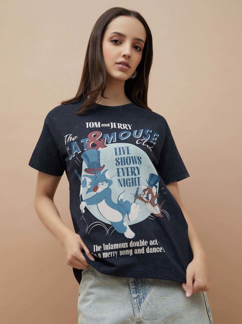 Ginger By Lifestyle Black Cotton Regular Fit Printed T-Shirt