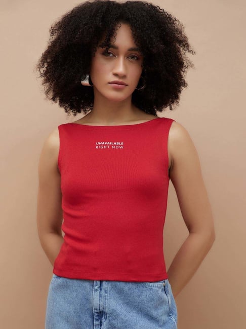 Ginger By Lifestyle Red Cotton Regular Fit Printed Top
