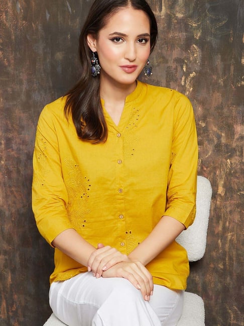 Melange By Lifestyle Mustard Cotton Regular Fit Embroidered Tunic