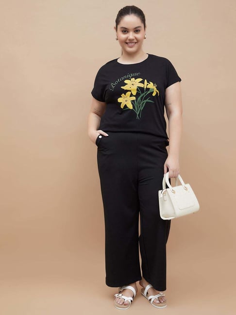 Nexus by Lifestyle Women Black Cotton Printed Plus Size T Shirt