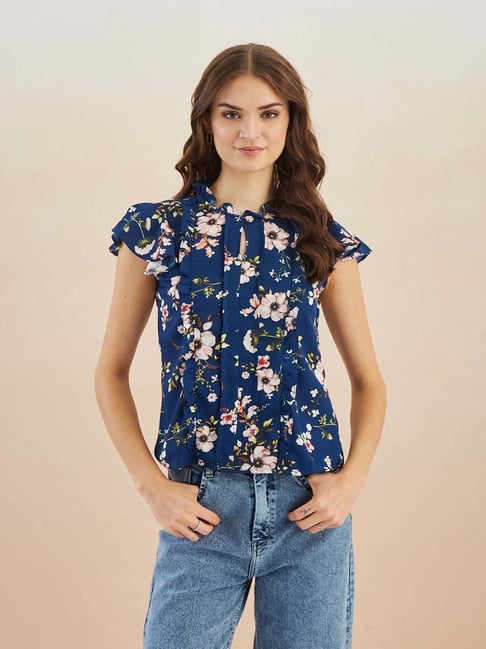 Latin Quarters Blue Regular Fit Floral Print Top
