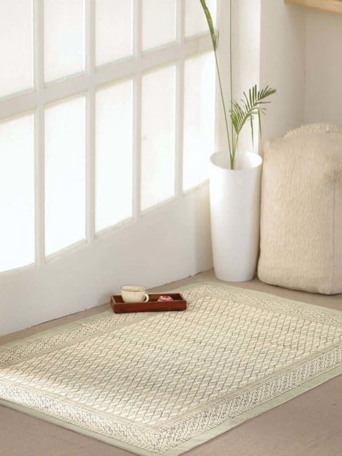 Peepul Tree Off White & Sea Green Cotton Printed Rug 3x5 ft