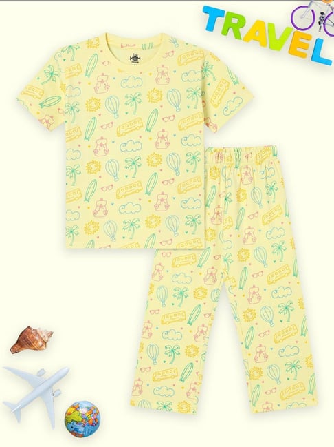 The Mom Store Kids Yellow Cotton Printed Night Suits-picture-29