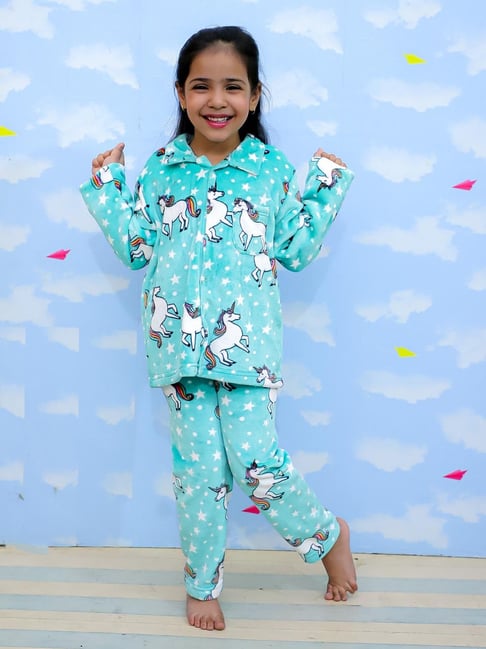 The Mom Store Kids Aqua Cotton Printed Night Suits