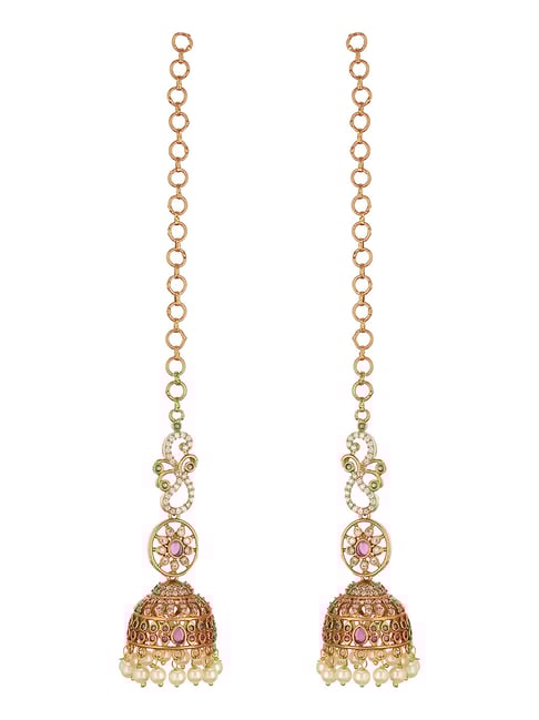 Saraf RS Jewellery Gold Plated Zircon AD Studded Red Floral Bridal Matil Earchain Earrings for Women-picture-45