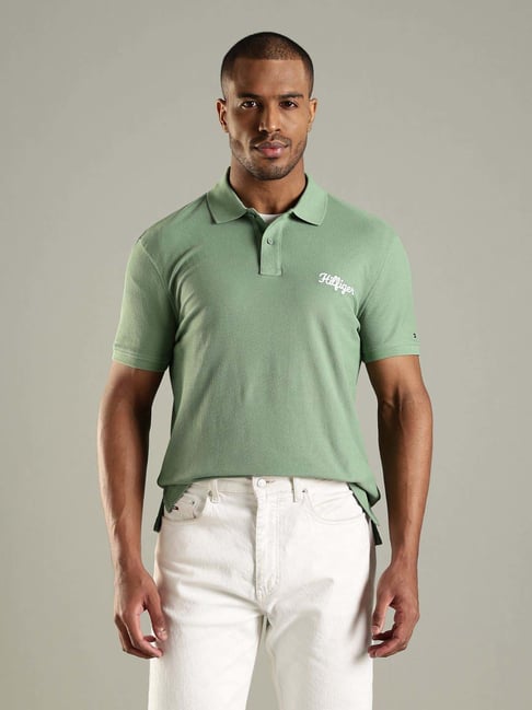 Tommy Hilfiger Light Green Cotton Regular Fit Logo Printed Polo T-Shirt-picture-27