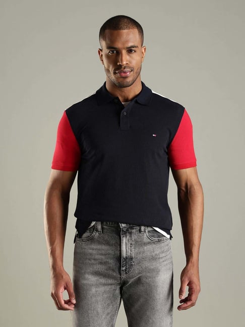 Tommy Hilfiger Navy Cotton Regular Fit Color-Block Polo T-Shirt