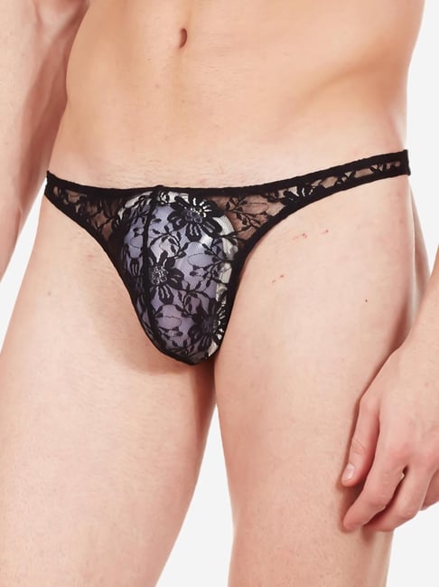 La Intimo Black Nylon Relaxed Fit Floral Thongs