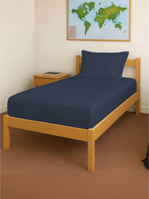 Pizuna Dark Blue Cotton 400TC Bedsheet with 1 Pillow cover-picture-28