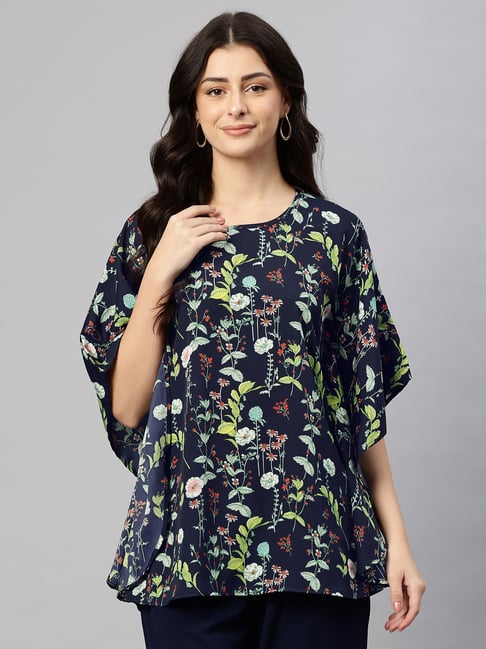 Cottinfab Navy Blue Floral Printed Regular Fit Kaftan Top