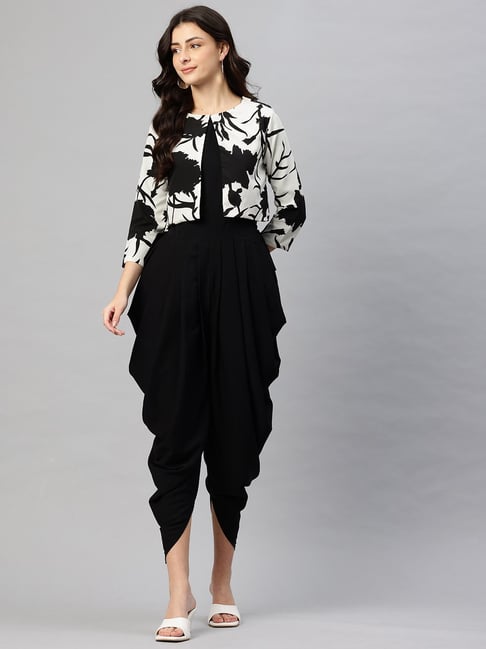 Cottinfab Black Printed Regular Fit Dhoti Style Jumpsuit with Jacket