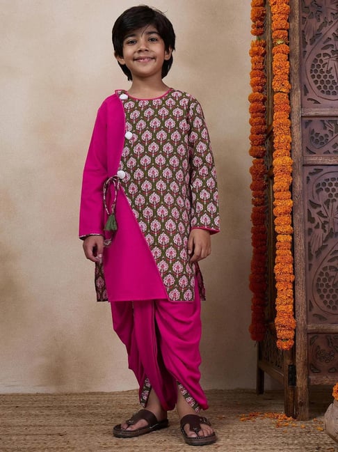 Pspeaches Boys Green & Pink Regular Fit Printed Kurta Set-picture-28
