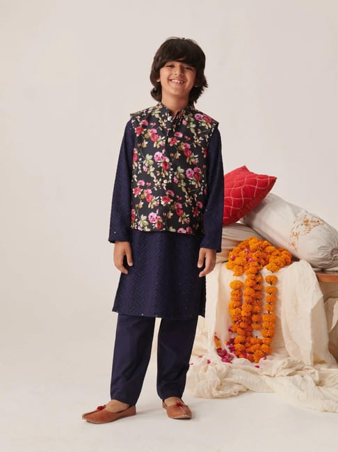 Pspeaches Boys Navy Regular Fit Printed Kurta Set