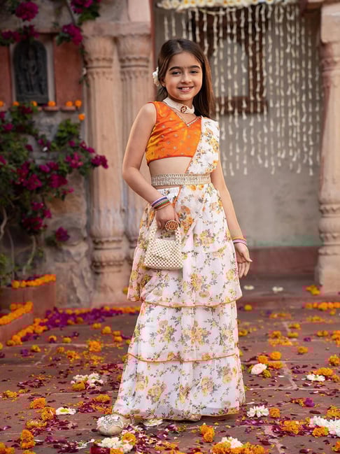 Pspeaches Girls Orange & Cream Regular Fit Printed Lehenga Choli-picture-14