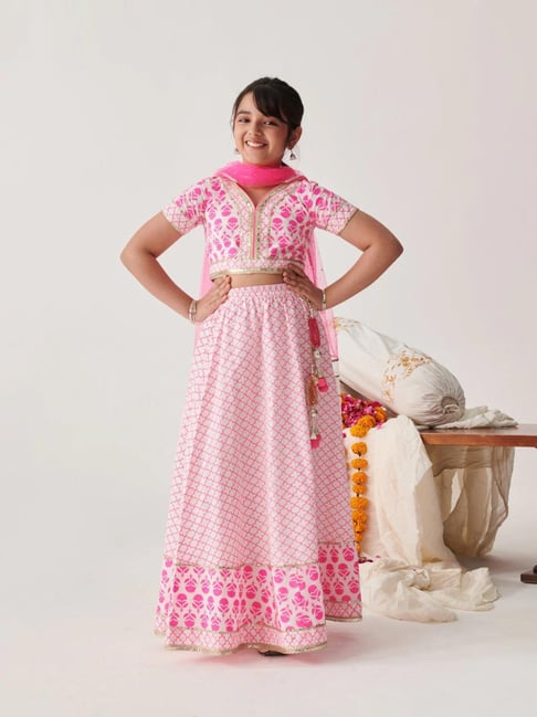 Pspeaches Girls Pink Cotton Regular Fit Printed Lehenga Choli