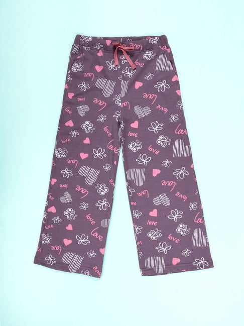 Kiddopanti Girls Mauve Cotton Printed Pyjama