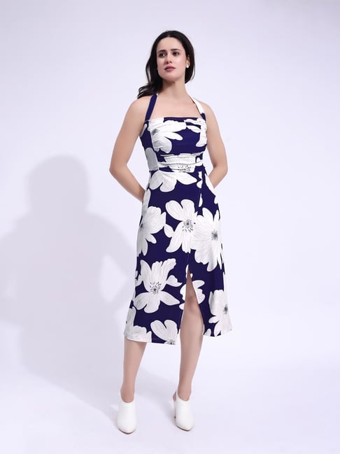 PURVAJA Printed Navy Blue Midi Dress