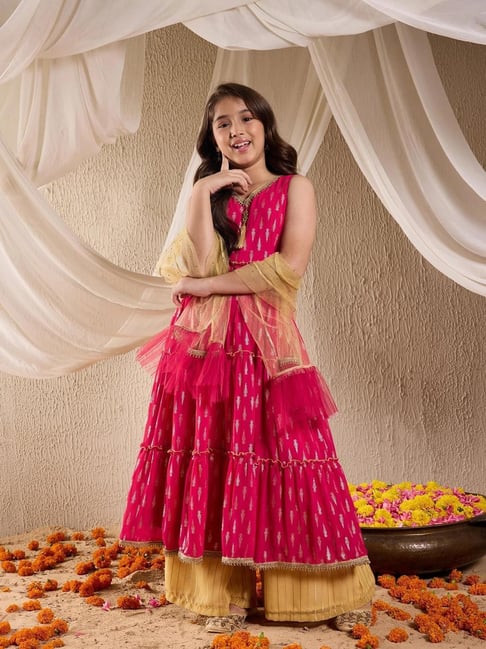 Pspeaches Girls Magenta Georgette Regular Fit Printed Kurta Set-picture-33