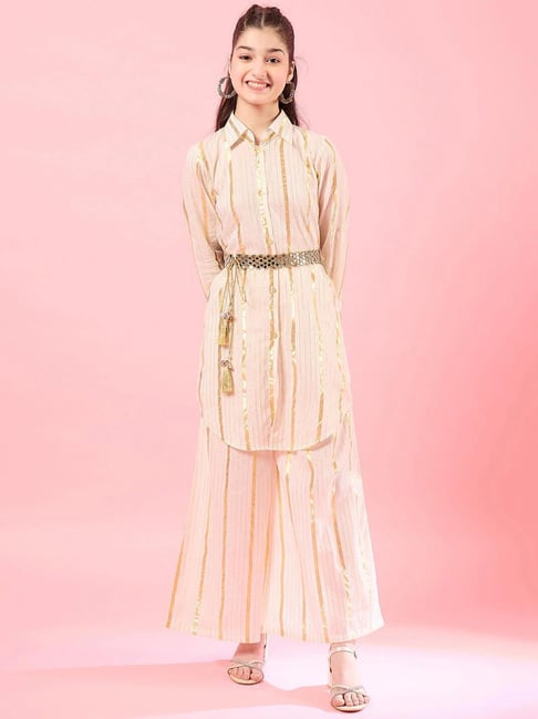 Pspeaches Girls Off-White Cotton Regular Fit Striped Top & Palazzo Set-picture-13